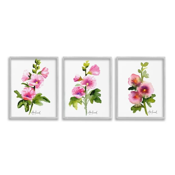 Stupell Industries Pink Flower Watercolors Botanical & Floral Painting Gray Framed Art Print Wall Art, 16 x 20, Set of 3
