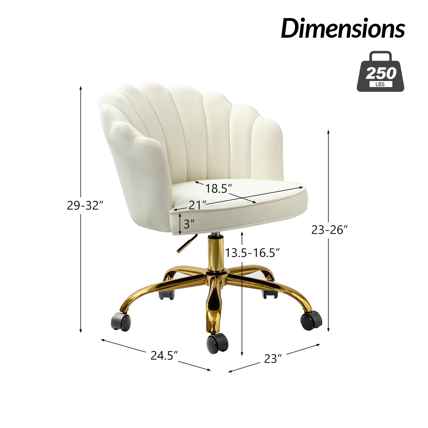 Tina's Home Makeup Vanity Table Chair Velvet Upholstered Shell Backrest Swivel Adjustable Gold Legs Office Bedroom Ivory
