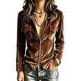 thumbnail image 2 of Sheghy Lapel Jacket for Women Solid Flap Pocket Zip Front Long Sleeve Fall Winter Brown S, 2 of 6