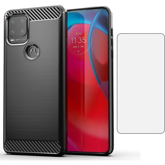 REQO Phone Case for Moto G Stylus 5G 2021 with Tempered Glass Screen Protector Cover and Slim Thin Soft TPU Film Cell Accessories Protective Motorola GStylus G5 XT2131DL Women Men Carbon Fiber Black