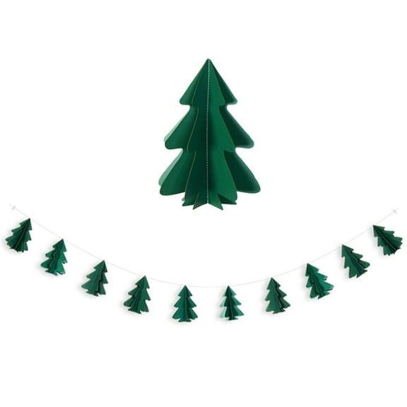 Worgeous 2.4m 3D Christmas Tree Banner Garland Paper Cardboard Bunting Hanging String Decorations Party Supplies (Dark Green, Horizontal)