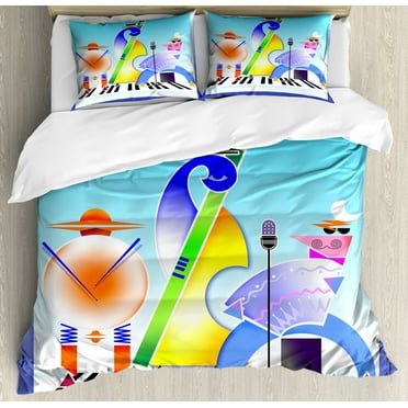 Music Duvet Cover Set Queen Size, Abstract Band of Geometric Shapes Drums Accordion Performing on Keyboard Surface, Decorative 3 Piece Bedding Set with 2 Pillow Shams, Multicolor, by Ambesonne
