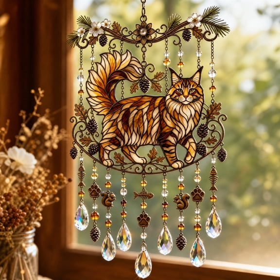 Luckky Cat Stained Glass Suncatcher Wind Chime,Bohemian Crystal Metal Hanging Pendant Ornament,Color Light Catching Window Decor,Ideal Holiday Gift for Cat Lovers