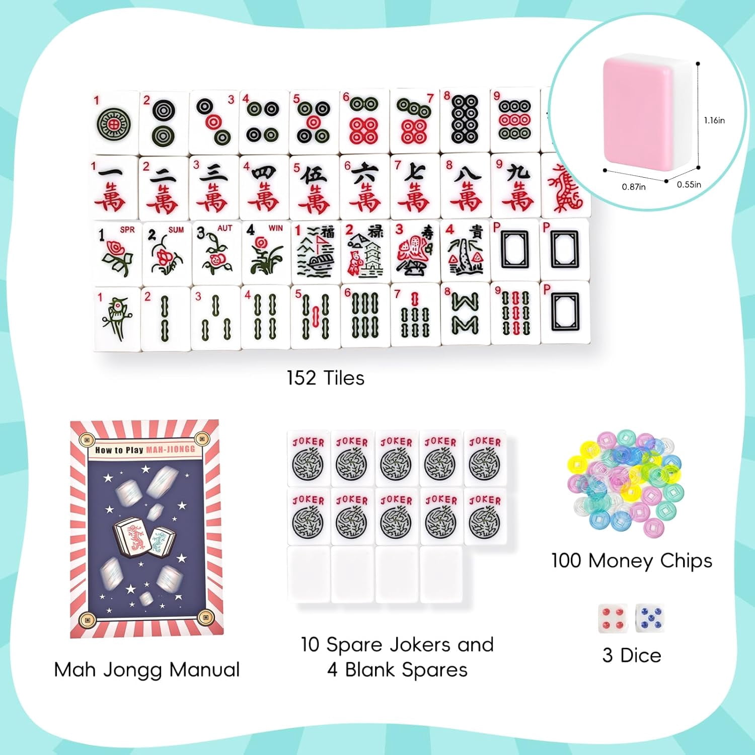 166-Tile Travel Mahjong Set 1.2 Inch with Storage Box, Dice, Chips, Instructions – Portable