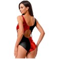 thumbnail image 2 of inlzdz Tenue de Rave Métallique Brillante pour Femmes Costume de Performance de Scène Justaucorps Creux Contraste Rouge TG, 2 of 5