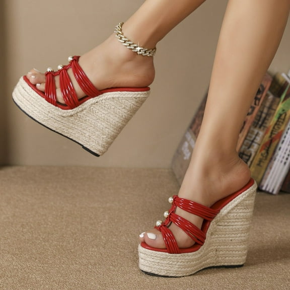 Women's Sexy New Straw Simple High Slope Sandals Slippers Waterproof Trolley Model LFD-10368-35U