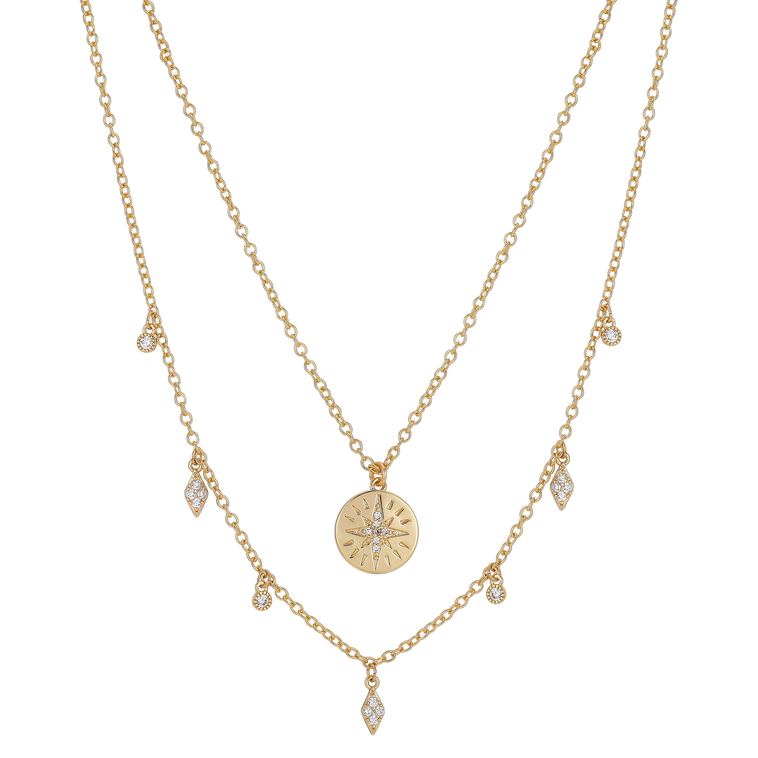 14kt Gold Flash-Plated Crystal Coin and Moon Star Charm Layered Pendant Necklaces, 16 & 18 +2' Extender