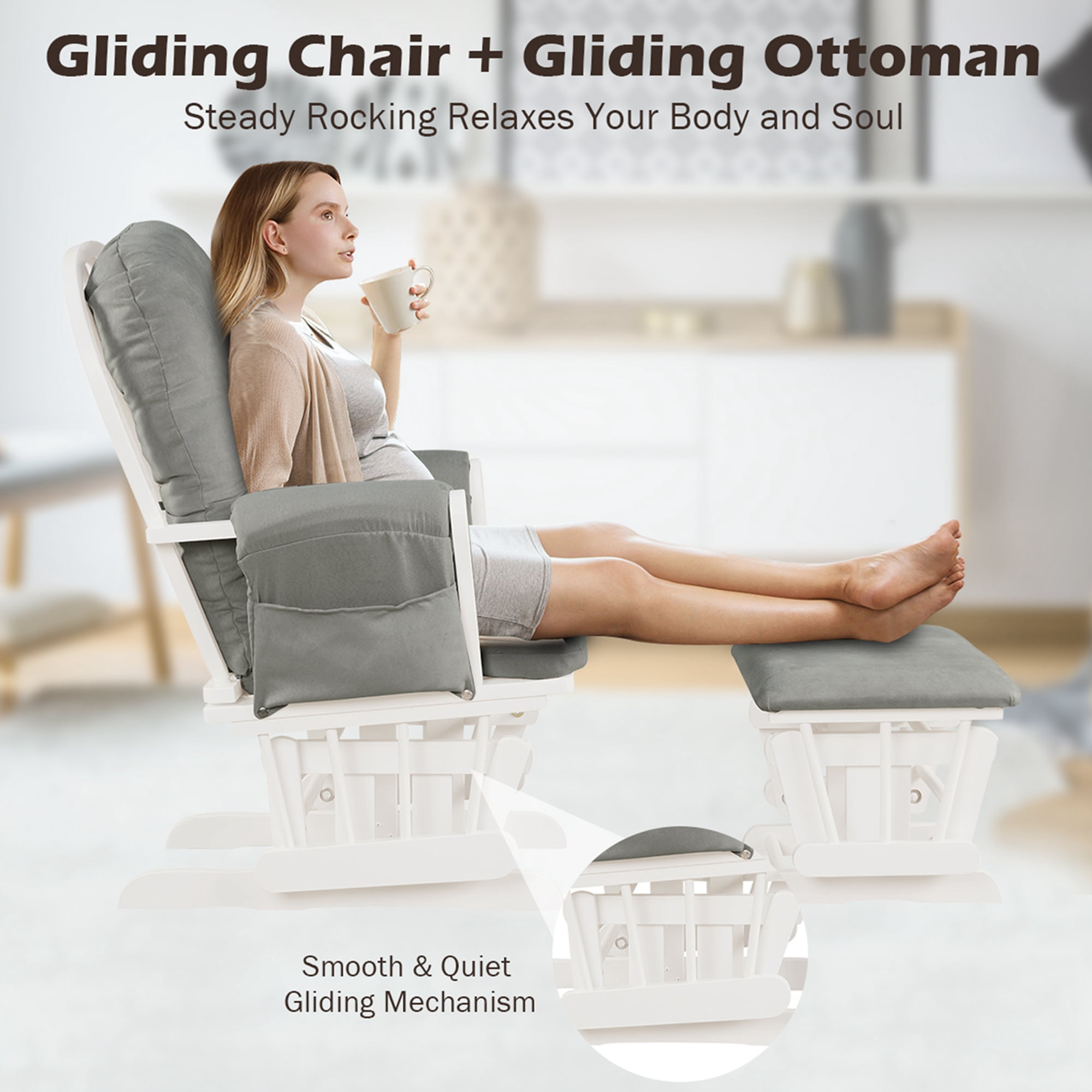 Costway Glider and Ottoman Cushion Set Wood Baby Nursery Rocking Chair Beige Walmart Business Supplies