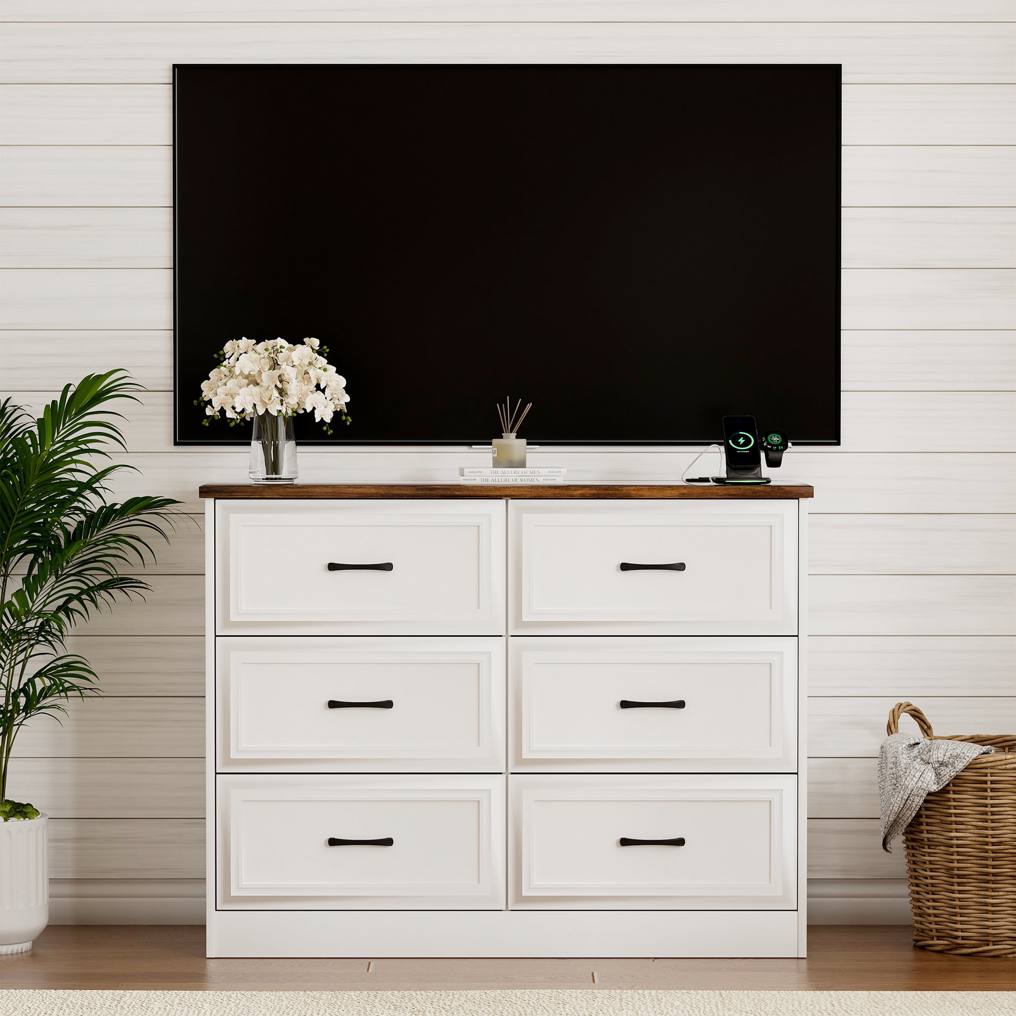 Vabches 6 Drawers Dresser with Charging Station for Bedroom, Wood Chest of Drawers, Farmhouse