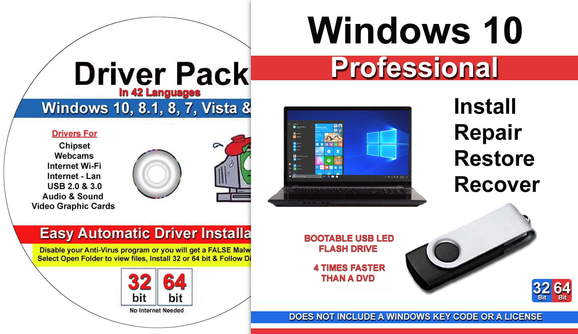 Computr Werx Windows 10 Professional 32/64 Bit Repair Restore Recover USB for Legacy Plus Drivers DVD Software - Walmart.com