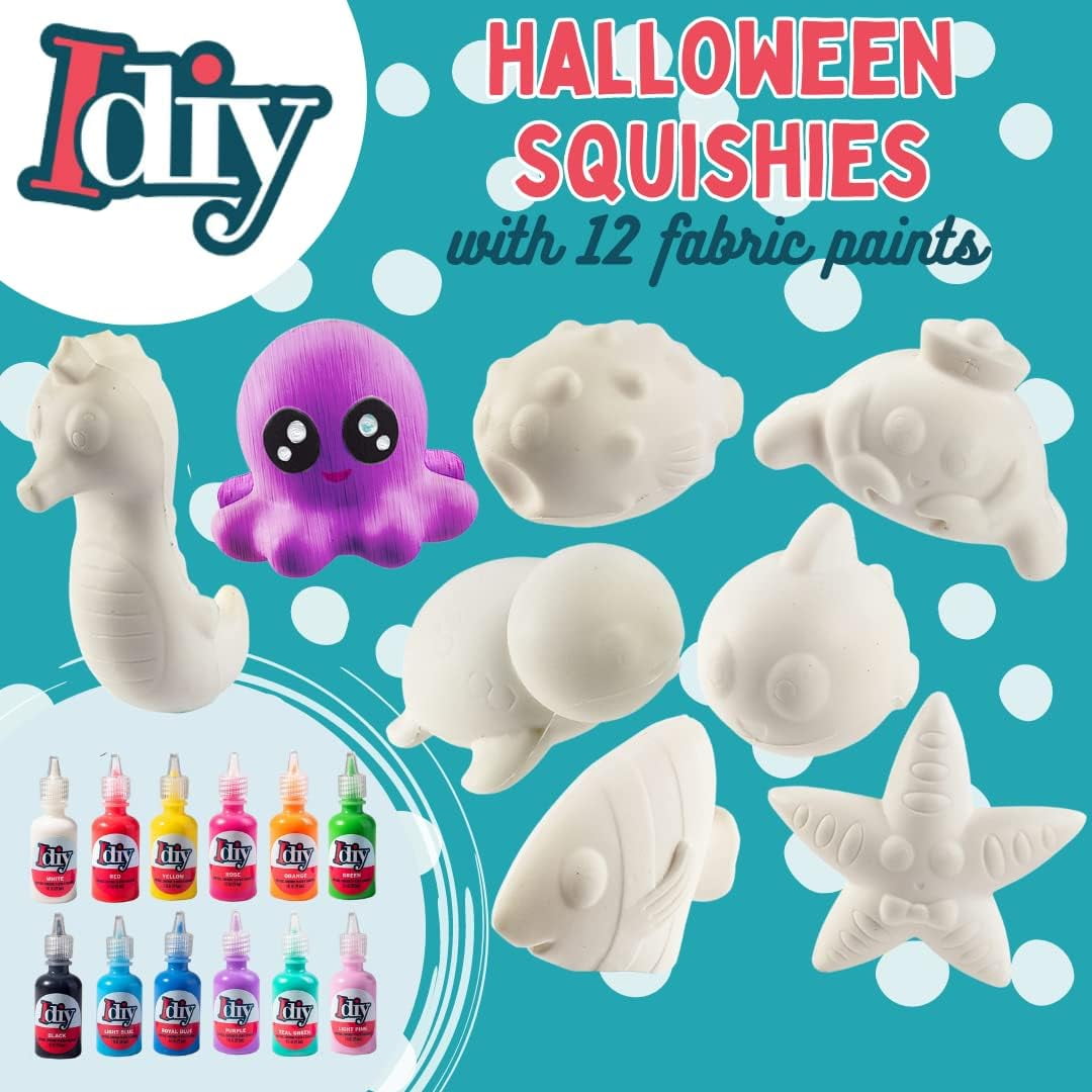 DIY Jumbo Ocean Pals Squishies (8 Unique Sea Animals w 12 Fabric Paints) -White Kawaii Scented Slow Rise Squishy Toys, Decorate, Scented Stress Relief Craft, Kids Birthday Party Activity Gift (4"-6")