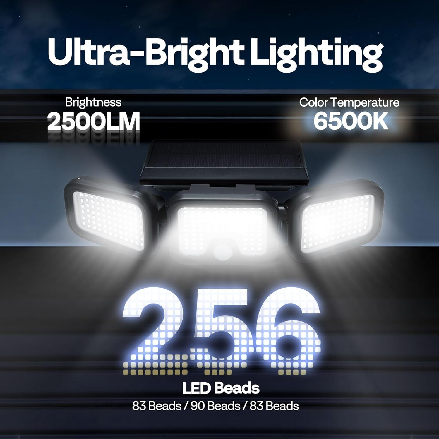 SPECSTAR Solar Flood Lights Outdoor, 256 LED 2500LM Motion Sensor Lights, 3 Adjustable Heads Security Lights, IP65 Waterproof, 270° Wide Lighting Angle Solar Powered Lights for Porch, Yard, 2 Pack