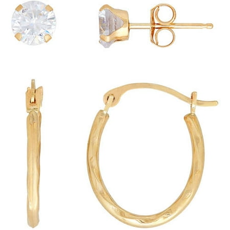 Simply Gold 10kt Yellow Gold 5mm CZ Stud and Twist Oval Hoop Earrings Set