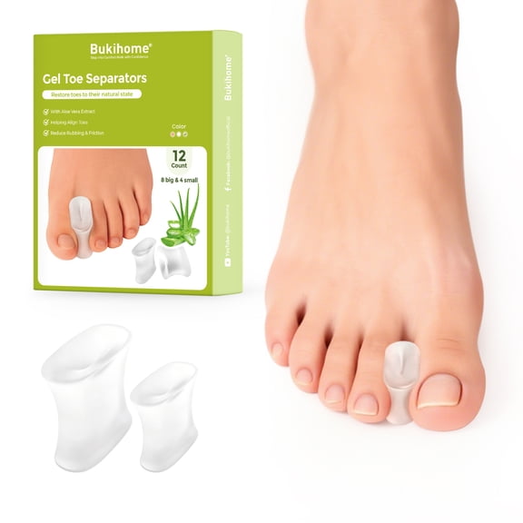 Bukihome Gel Toe Separators, Toe Spacers for Bunion, Corns & Overlapping Toes, Bunion Corrector for Men and Women, Bunion Pain Relief, Multi-Size - 12 Pack