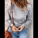 thumbnail image 5 of Camiseta de Larga con Cuello Redondo para Mujer, Otoño-Invierno, con Costuras de Gofre y Encaje, Ajustada Gris M, 5 of 7