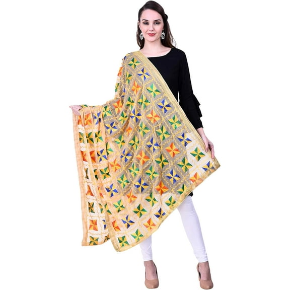 Phulkari / Dupatta /Chiffon Dupatta for Women, Embroidered Pankha Design, (Size 42 X 84 Inches)