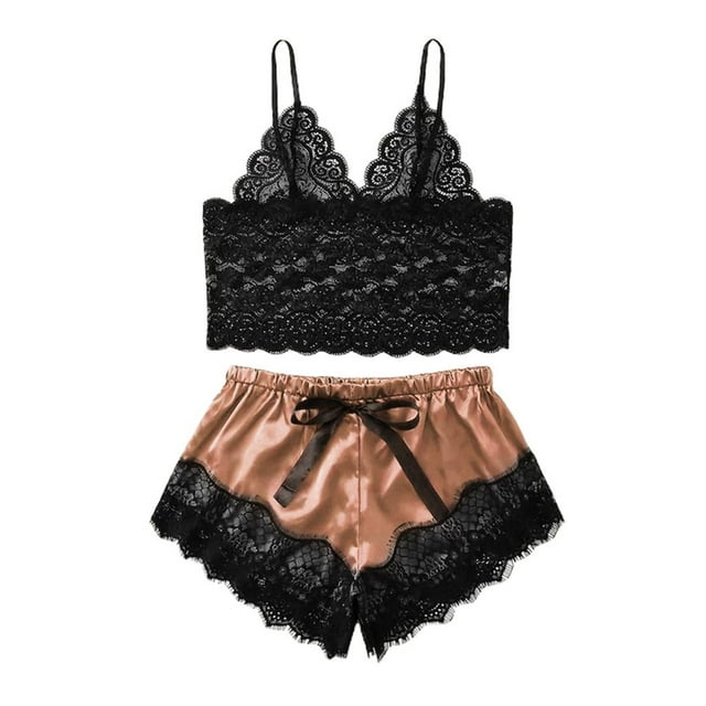 Conjunto de pijama de mujer: camisola, lencería de noche, top tipo bralette con encaje floral y shorts. Khaki XXXL