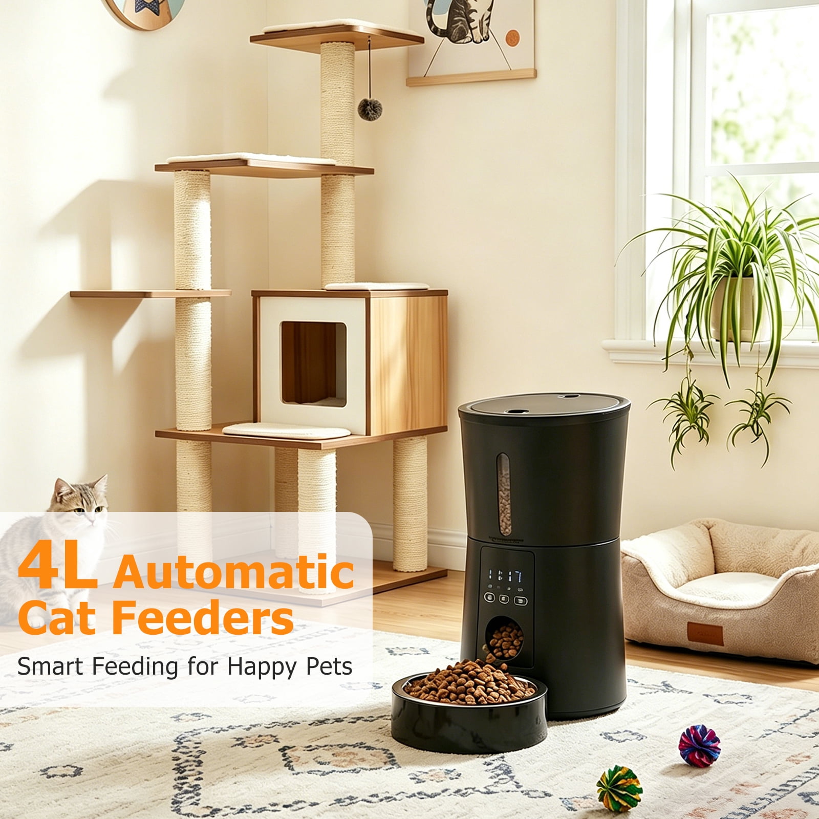 Atilioo Automatic Cat Feeder, 4L WiFi Pet Food Dispenser with App Control, Dry Food, Dual Power Supply, Timed Portion Control for Cats & Small Dogs, Black