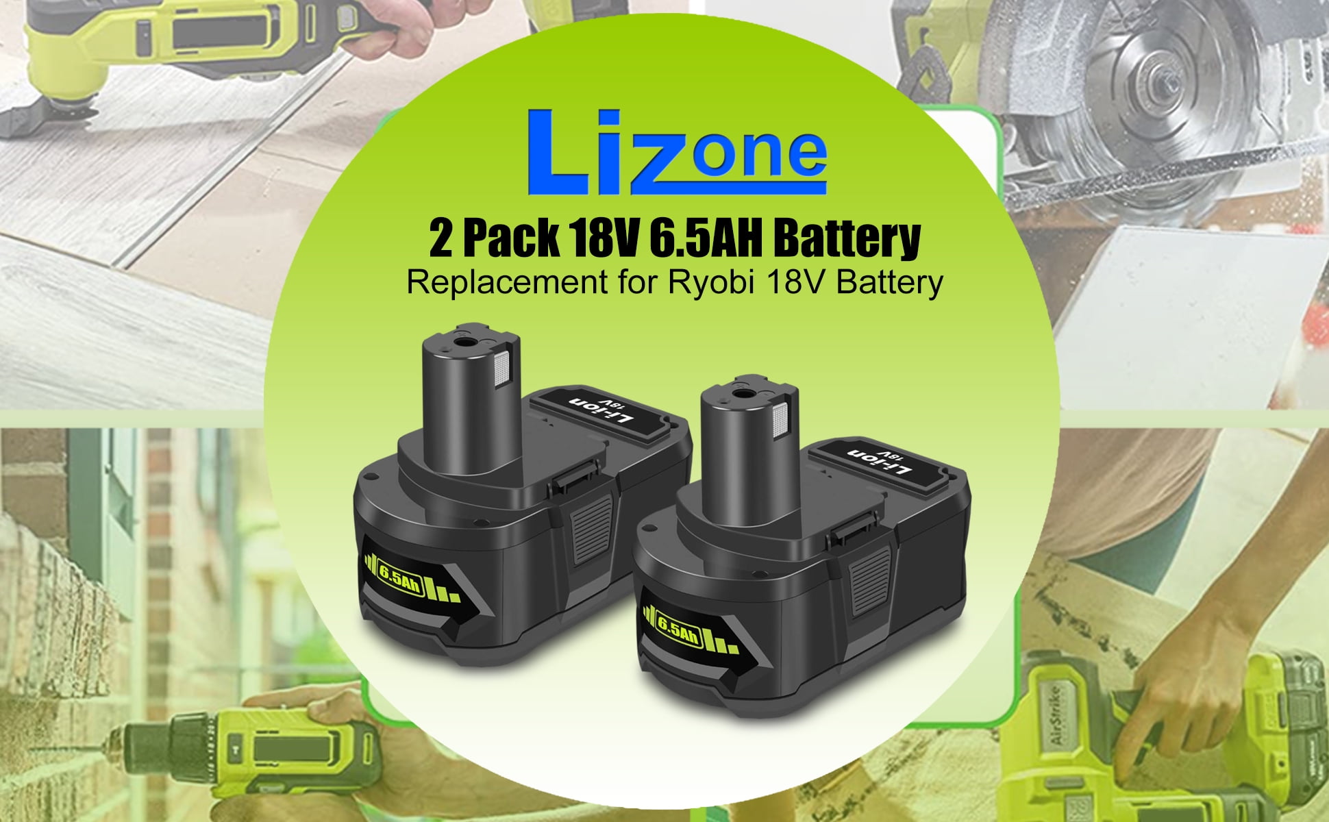 2 Pack 6.5Ah 18V Lithium Battery Replacement for Ryobi 18V 4.0Ah Battery PBP005 4 Ah P108 P192 P129 P197 PBP2005 PBP004 18V 6 Ah Battery P193 Compatible with Ryobi 18V ONE+ Battery