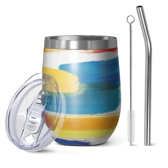 12oz Stemless Wine Tumblers Colorful and Grey Abstract Art Artwork Vacuum Insulated Stainless Steel Travel Tumbler Cups Mug with Lid and Straw for Champaign,Cocktail,Beer with Cleaning Brush