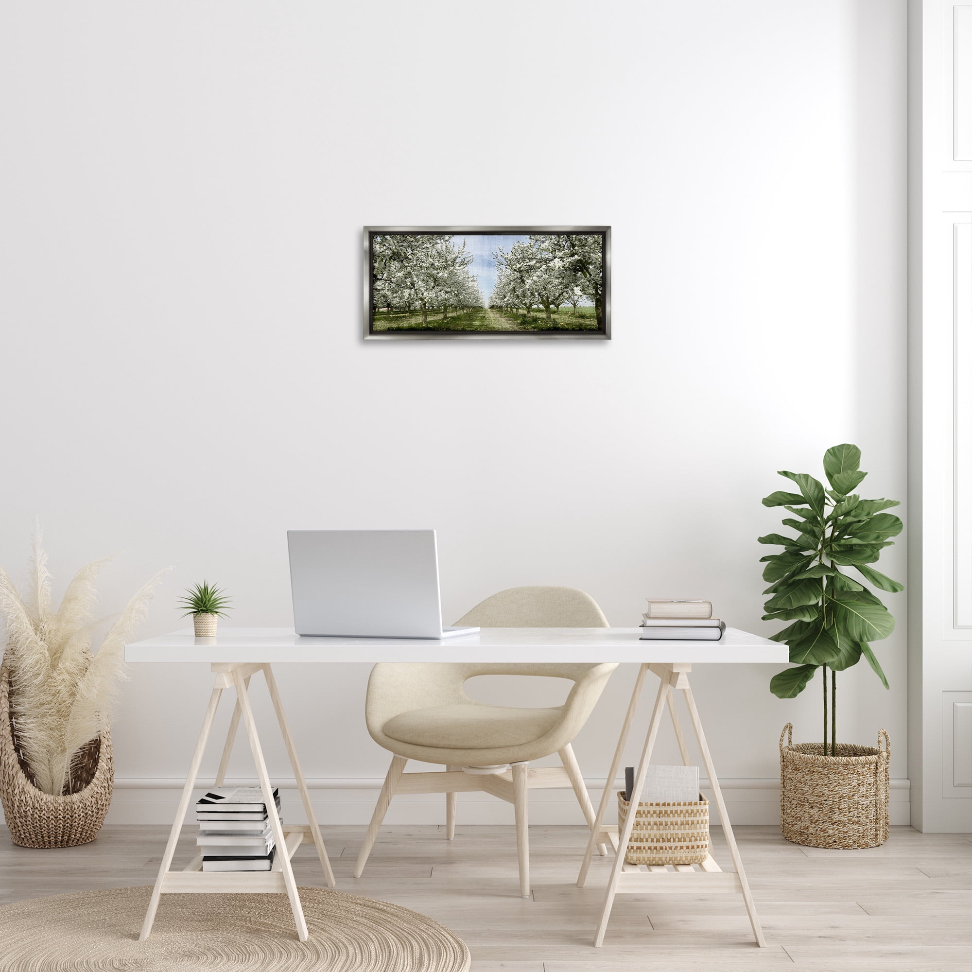 Stupell Industries Blooming White Tree Orchard Landscape Photography Gray Floater Framed Canvas Art Print Wall Art, 25 x 11