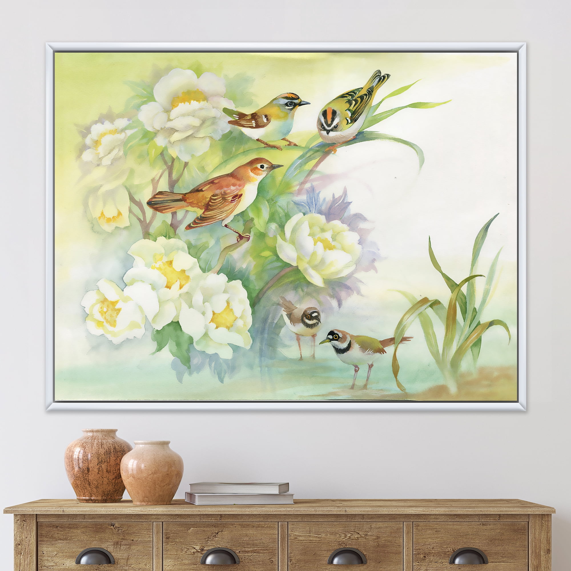 Birds and Flowers In Rustic Scenery' 32" x 16" Framed Painting Canvas Art Print, by Designart