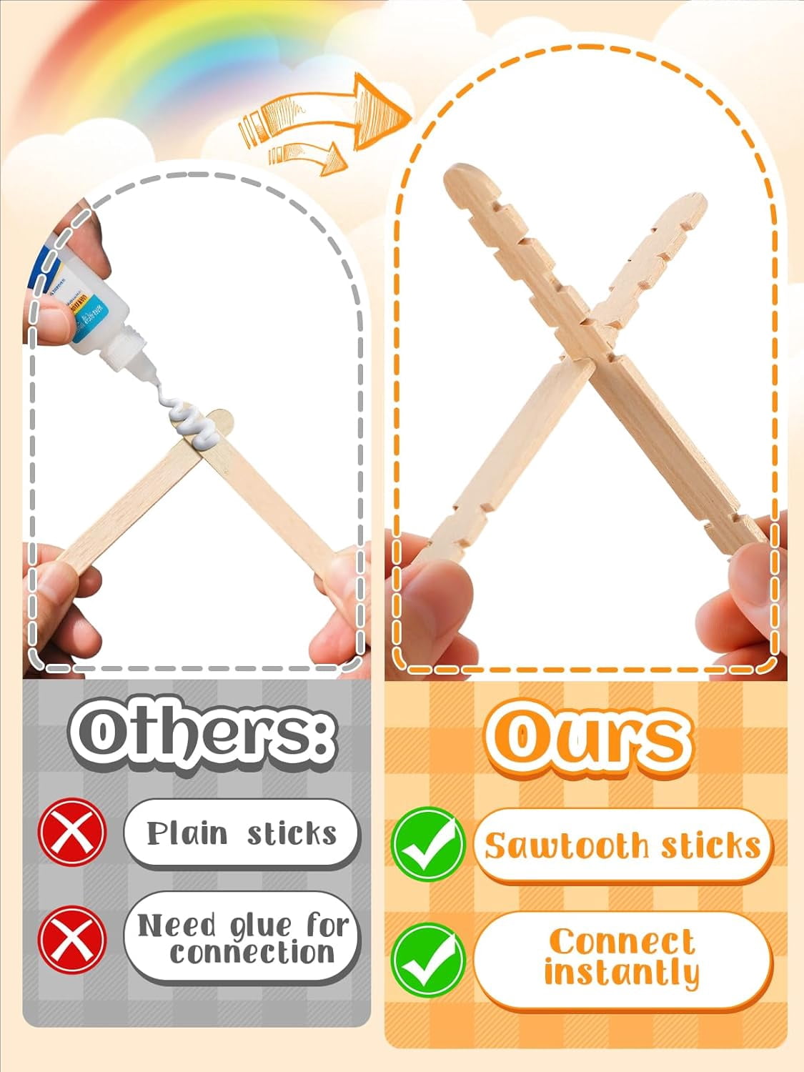 500 Pcs Connectable Sawtooth Popsicle Sticks - 4.5'' Colored and Natural Wood Craft for Kids' Arts Crafts Projects in the Classroom Home