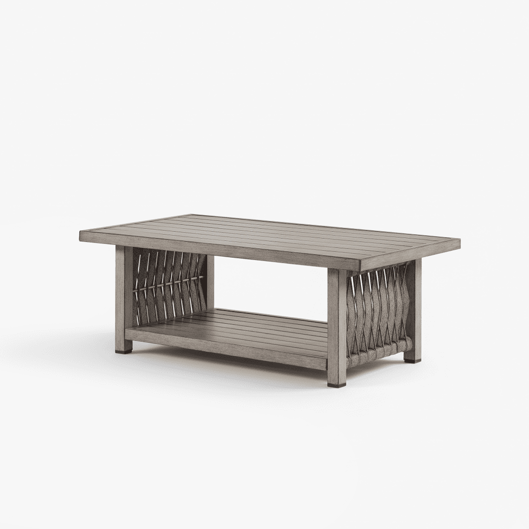 Outdoor Patio Coffee Table with 2-Tier Storage, Aluminum Frame & All-Weather Rope Weave Top, Rust-Resistant, Modern Style for Garden, Balcony & Poolside