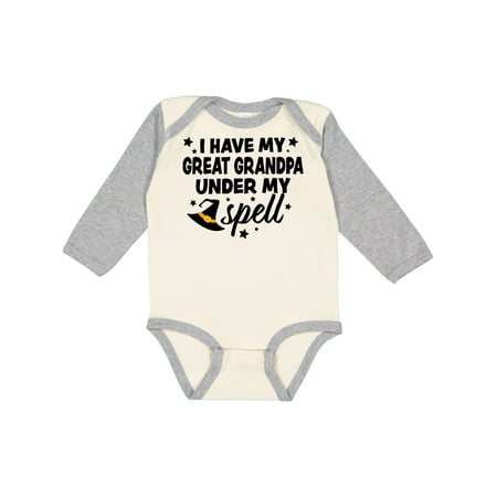 

Inktastic I Have My Great Grandpa Under My Spell with Cute Witch Hat Gift Baby Boy or Baby Girl Long Sleeve Bodysuit