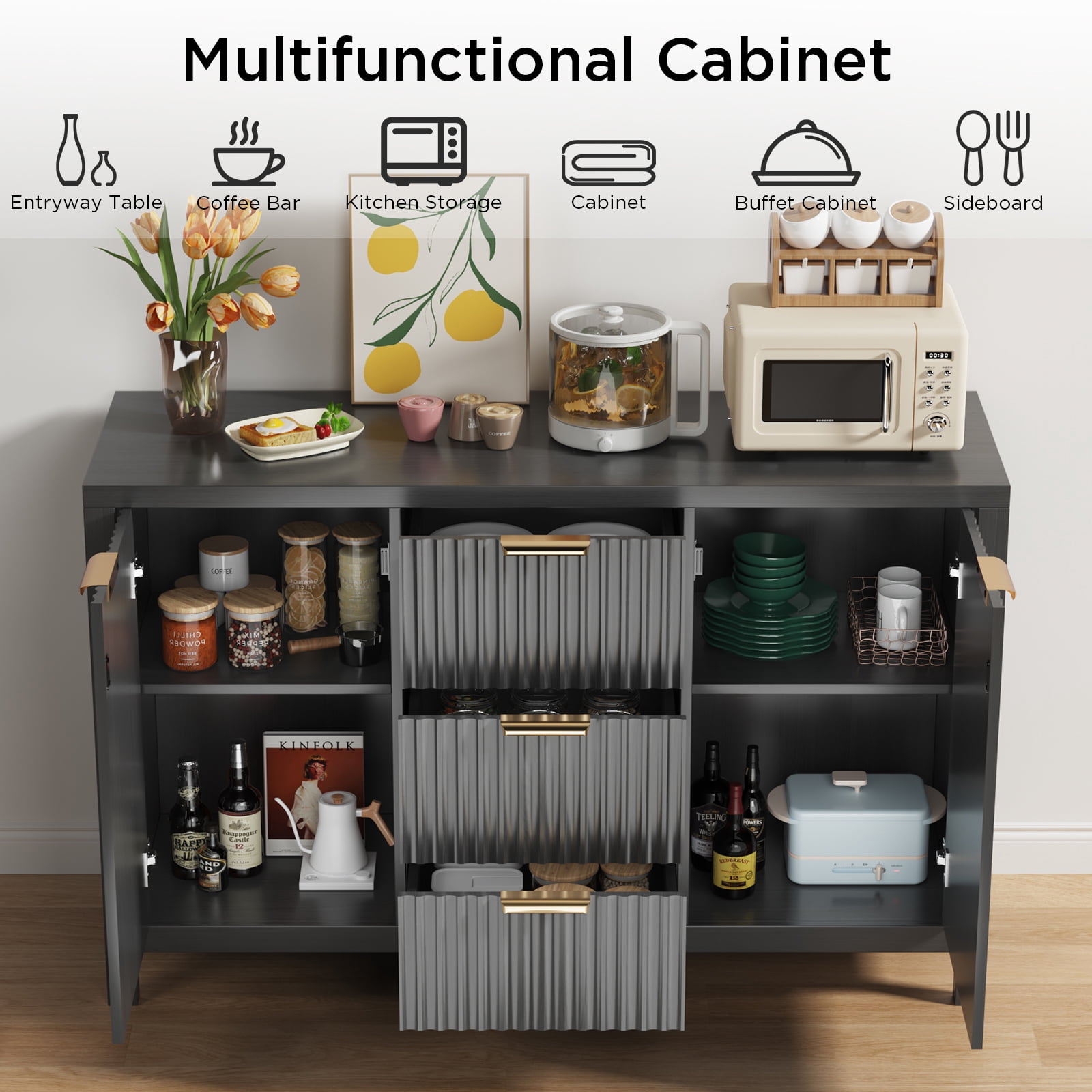 Hommoo Modern Sideboard Storage Cabinet, Fluted Credenza Buffet Cabinet with 2 Doors and 3 Drawers, for Kitchen and Living Room, Black