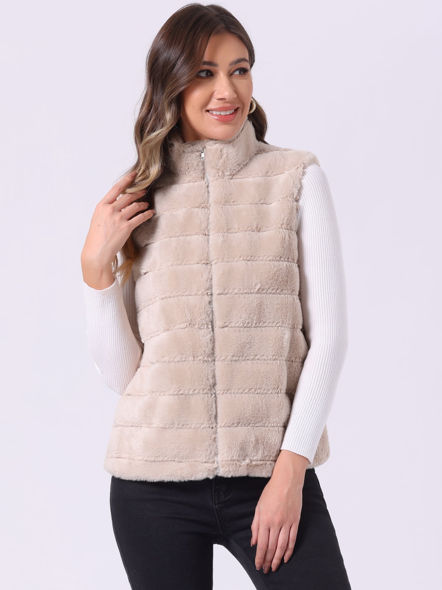 DARING DIVA Women's Stand Collar Fluffy Vest Faux Fur Sleeveless Coat XL Beige