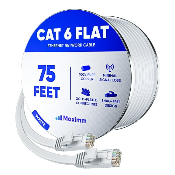 Cat6 Ethernet Cable 75ft, White - Flat High-Speed Network Cables for Gaming, Streaming, Router, Modem, PC, PS5, Xbox - Durable & Space-Saving Design