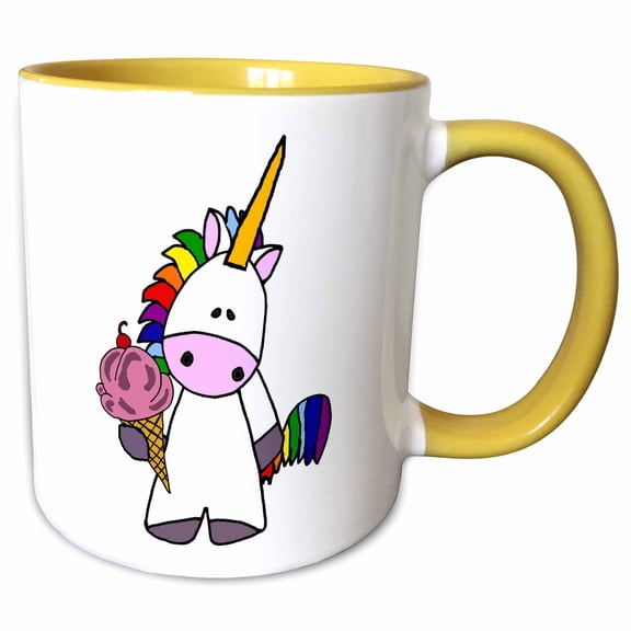3drose, Cute Funny White Unicorn Eating Ice Cream Cone Cartoon, 11oz Two-tone Yellow Mug