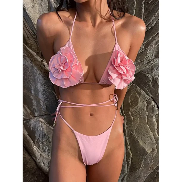 Bikini con estampado de flores en 3D para Mujer, traje de baño Sexy con Tanga entrecruzado de realce, color rosa y blanco, traje de baño para playa, 2024