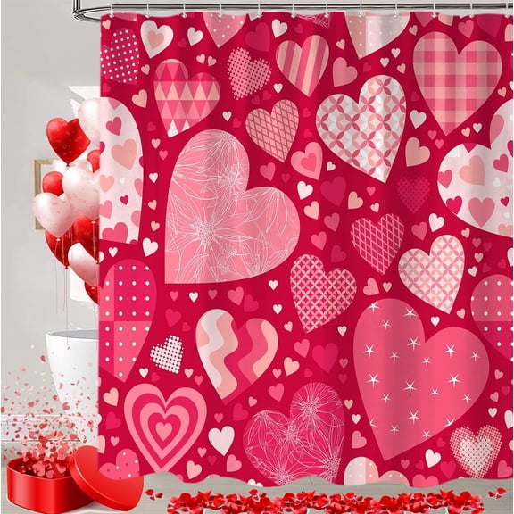 Cute Valentines Day Decor Shower Curtain, Valentine''s Red Pink Heart Love Fabric Shower Curtains Set for Bathroom Decoration with Hooks 72 X 72 Inch Trendy Valentine Hearts Bath Decor