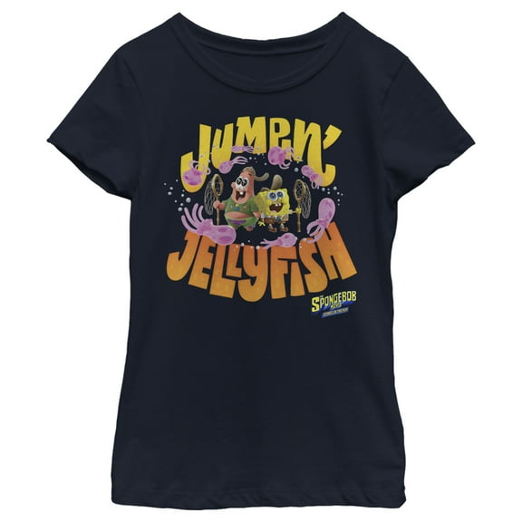 Girl's SpongeBob SquarePants Sponge on the Run Jumping Jellyfish  Graphic Tee Navy Blue Medium