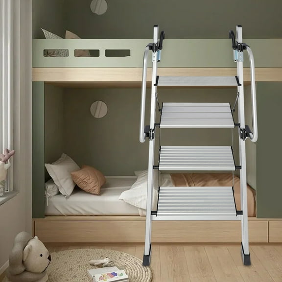 Heavy-Duty 4-Step Ladder, 330lbs Load Capacity Aluminum Alloy, Foldable Pedals for Easy Storage, Ideal for Bunk Beds and RVs
