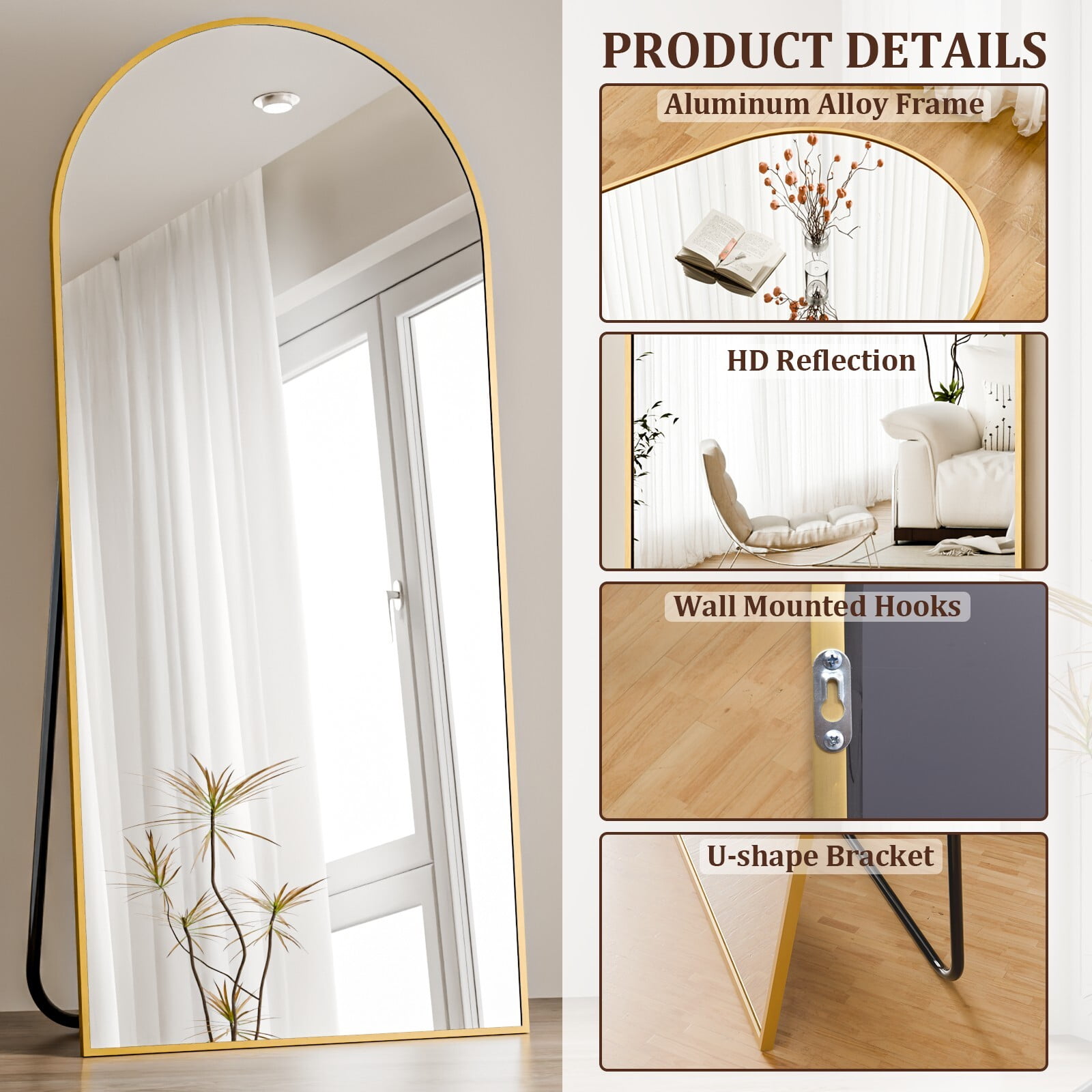 Easy4Home 76"x34" Arched Full Length Mirror Freestading Full Body Floor Mirror, Gold