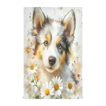 

WOBOGO A Cute Border Collie with Daisies Pattern Kitchen Towel 1 Piece Large Cotton Dishcloth Premium Absorbency Set with Hanging Loop