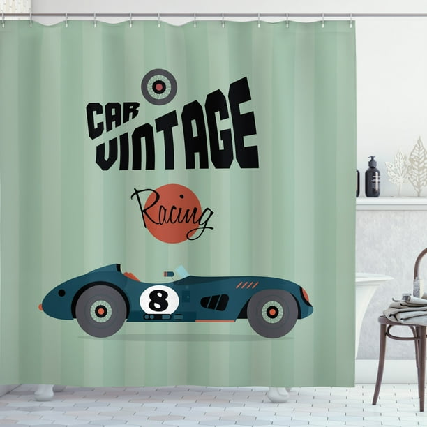 Cars Shower Curtain Classical Vintage Car Poster Racing Sports Competition Theme Fabric Bathroom Set With Hooks 69w X 75l Inches Long Reseda Green Petrol Blue Cinnamon By Ambesonne Com Cars Shower Curtain Classical Vintage, Car Shower Curtain Hooks
