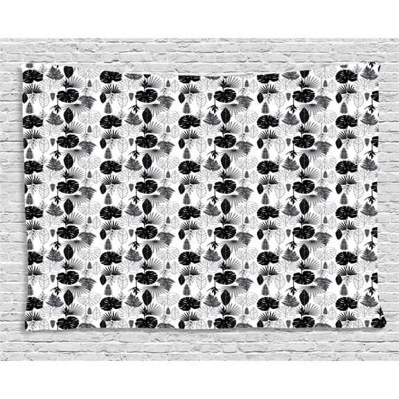 Black and White Tapestry, Tropical Leaf Silhouettes Palm Tree Monstera and Fern Plant Foliage, Wall Hanging for Bedroom Living Room Dorm Decor, 60W X 40L Inches, Black and White, by Ambesonne