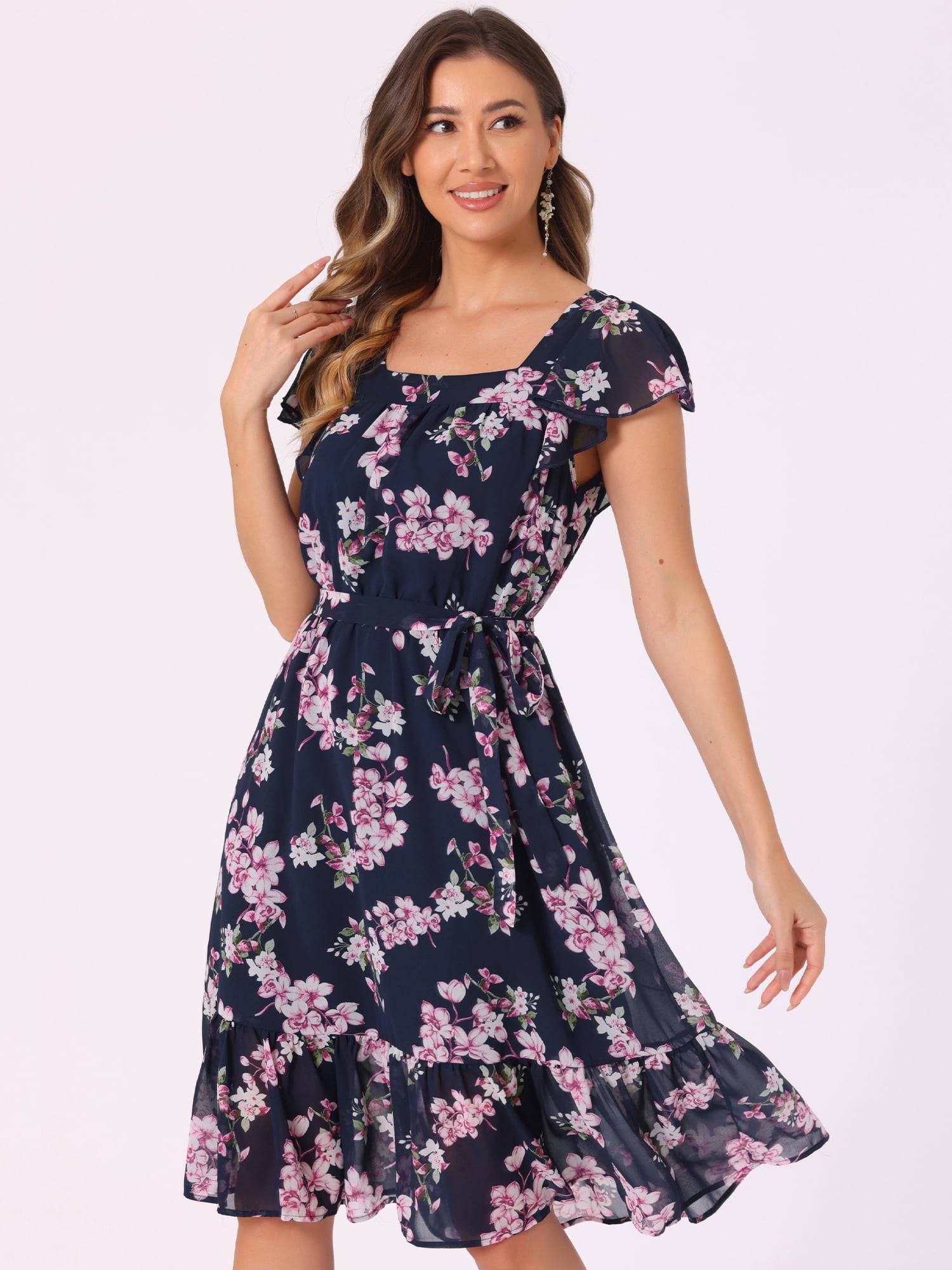 DARING DIVA Square Neck Flutter Sleeve A-Line Midi Dress M Blue Pink