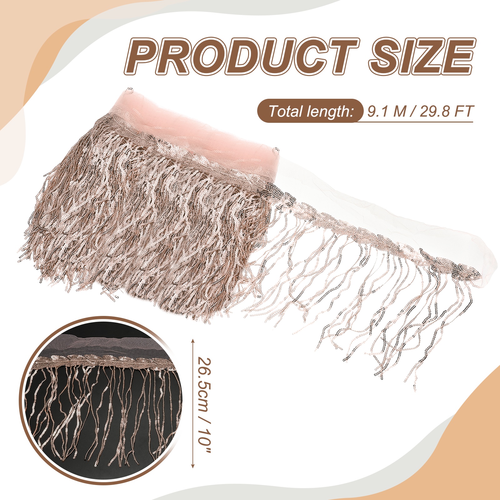 Uxcell 10 Yards 10 Inch Shiny Sequined Tinsel Fringe Trim, Sparkling Spangle Curtain Fringe Paillette Lace Fabric Streamer for DIY Latin Dance Costume Clothing Birthday, Apricot Pink