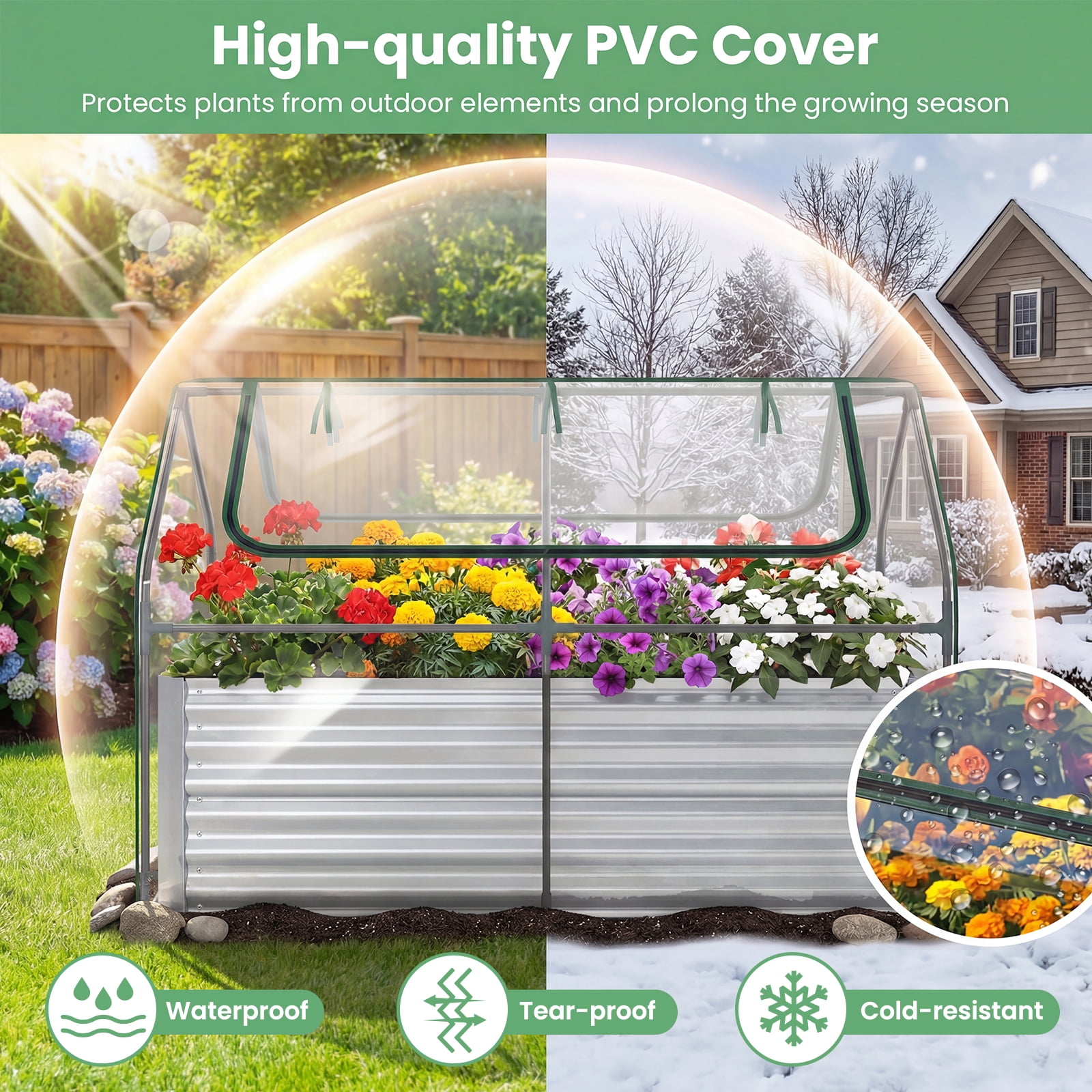 Gymax Galvanized Raised Garden Bed w/ Cover68''x33''x21''Planter Box w/ Mini Greenhouse Sliver & Clear