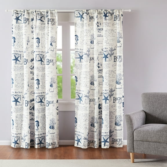 Levtex Home - Beach Life - Window Panels with Rod Pocket - Two Curtains 84 inch Length - Coastal Toile - Navy and Cream - 100% Cotton - Lined