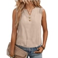 thumbnail image 2 of Women's Linen Tank Tops Pleated Cotton Linen V Neck Sleeveless Button-Down Solid Color Pullover Womens Tops Fashion Floral Design Casual Vest Top V Neck Tops Summer Going Out Top Beige L, 2 of 7