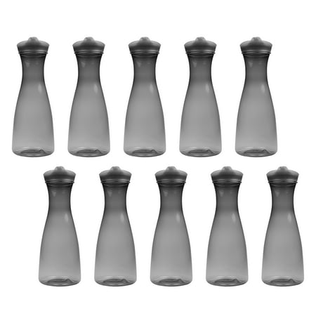 

Clear Plastic Carafes with Lid 34 oz. Set of 10 Bulk Pack - Perfect for Water Juices Smoothies Milk and Other Beverages - Smoke