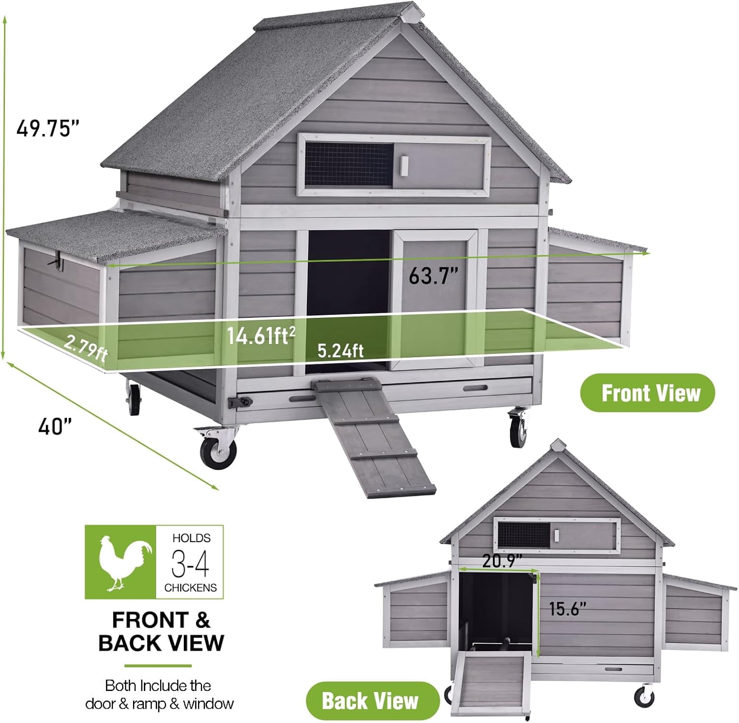 Aivituvin Large Chicken Coop with Wheels 6 Nesting Box Outdoor Mobile Hen House Wooden Poultry Cage Waterproof Asphalt Roof for 4-6 Chickens Gray