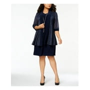 R&M RICHARDS Womens Navy With Jacket Metallic 3/4 Sleeve Jewel Neck Knee Length Wear To Work Shift Dress Plus 18W