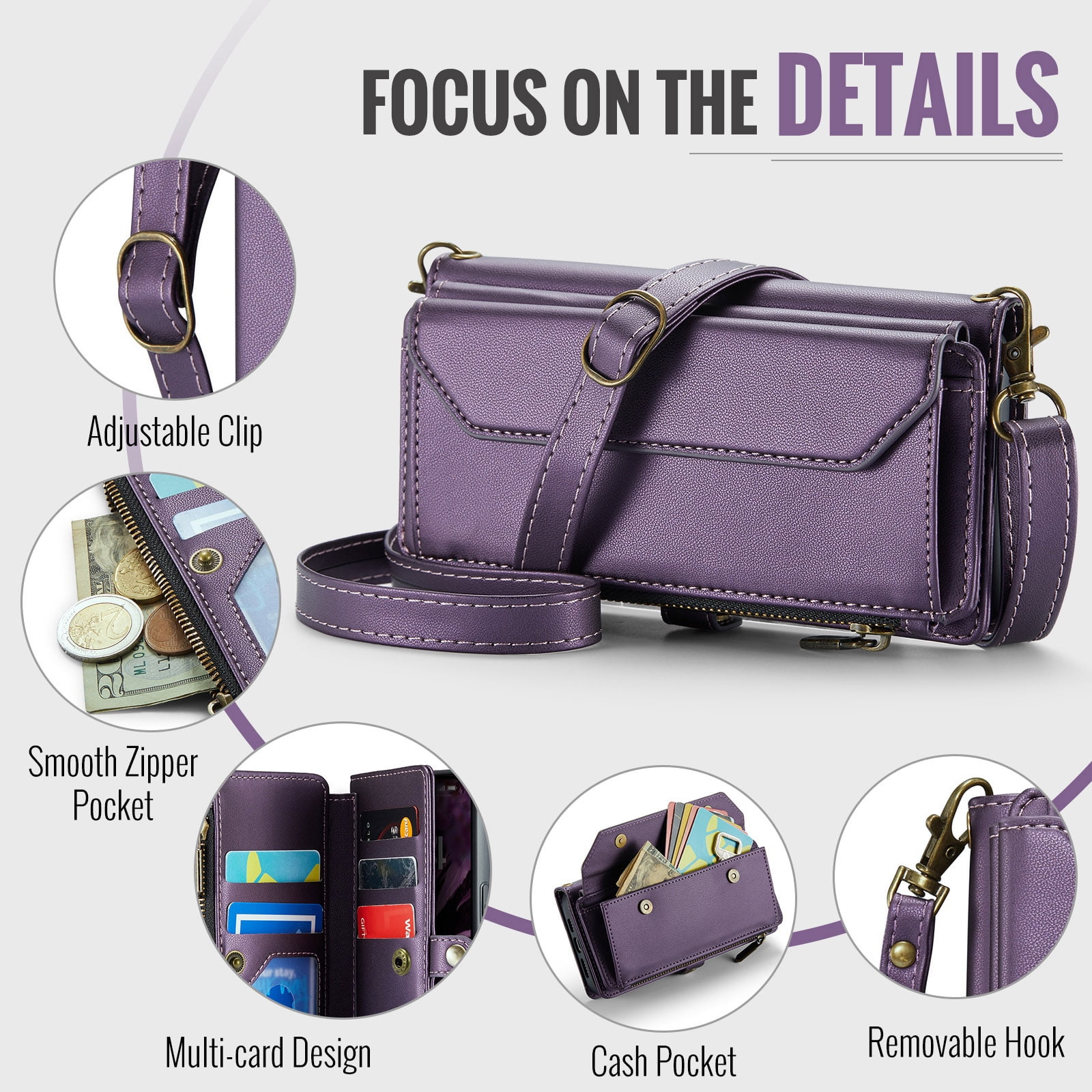 Asuwish Compatible with iPhone 16 6.1 inch Zipper Wallet Phone Case Tempered Glass Screen Protector Crossbody Lanyard Strap Flip Card Holder Slot Cell Cover for i Phone16 i16 16Case Women Purple